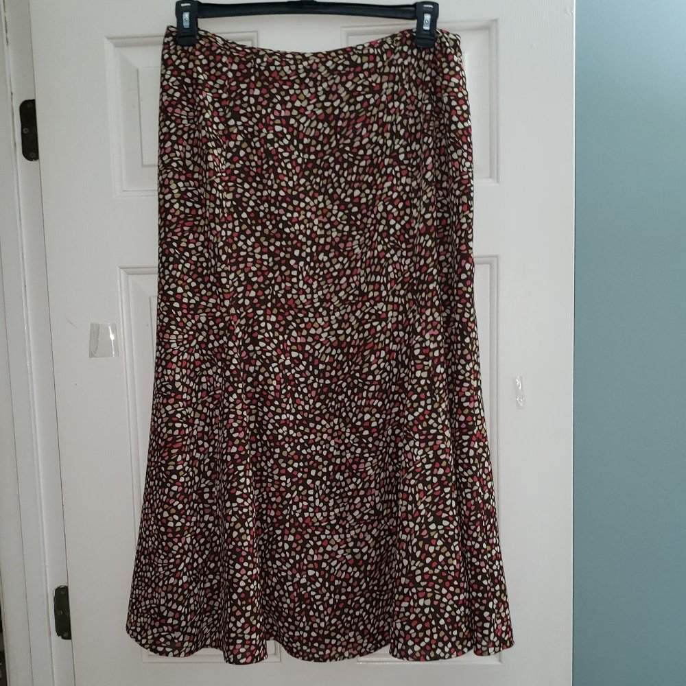 Villager Skirt, Brown background with pink and white and light green colors